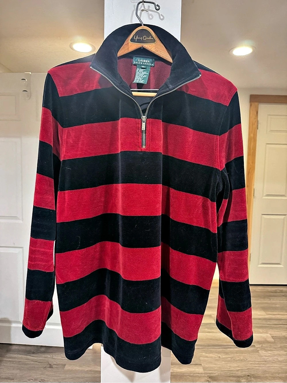 Vintage Lauren Ralph Lauren Men's Striped Quarter-Zip in Red & Black XL